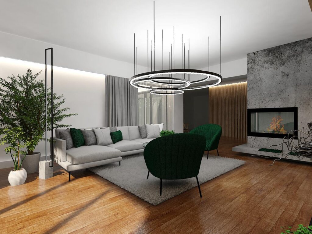 Projekt wnętrza salonu 32m²