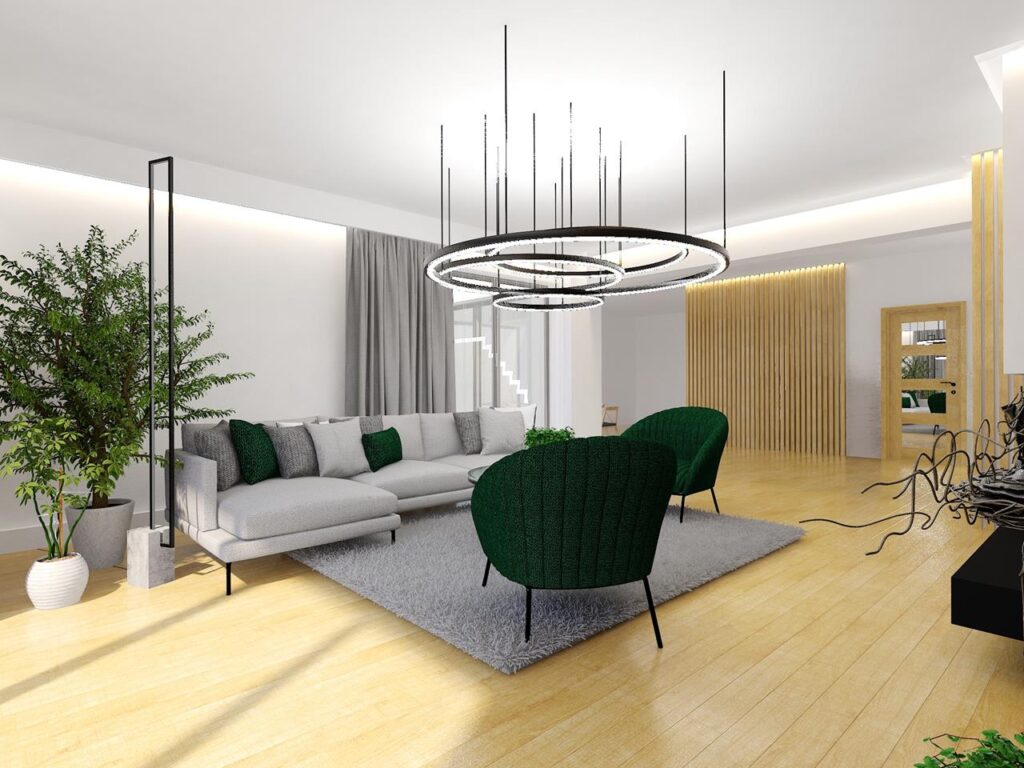 Projekt wnętrza salonu 32m²