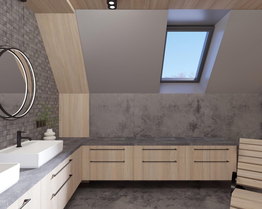 Projekt wnętrza domu jednorodzinnego - łazienka główna Projekt wnętrza domu jednorodzinnego 80,00m² w Nadarzynie