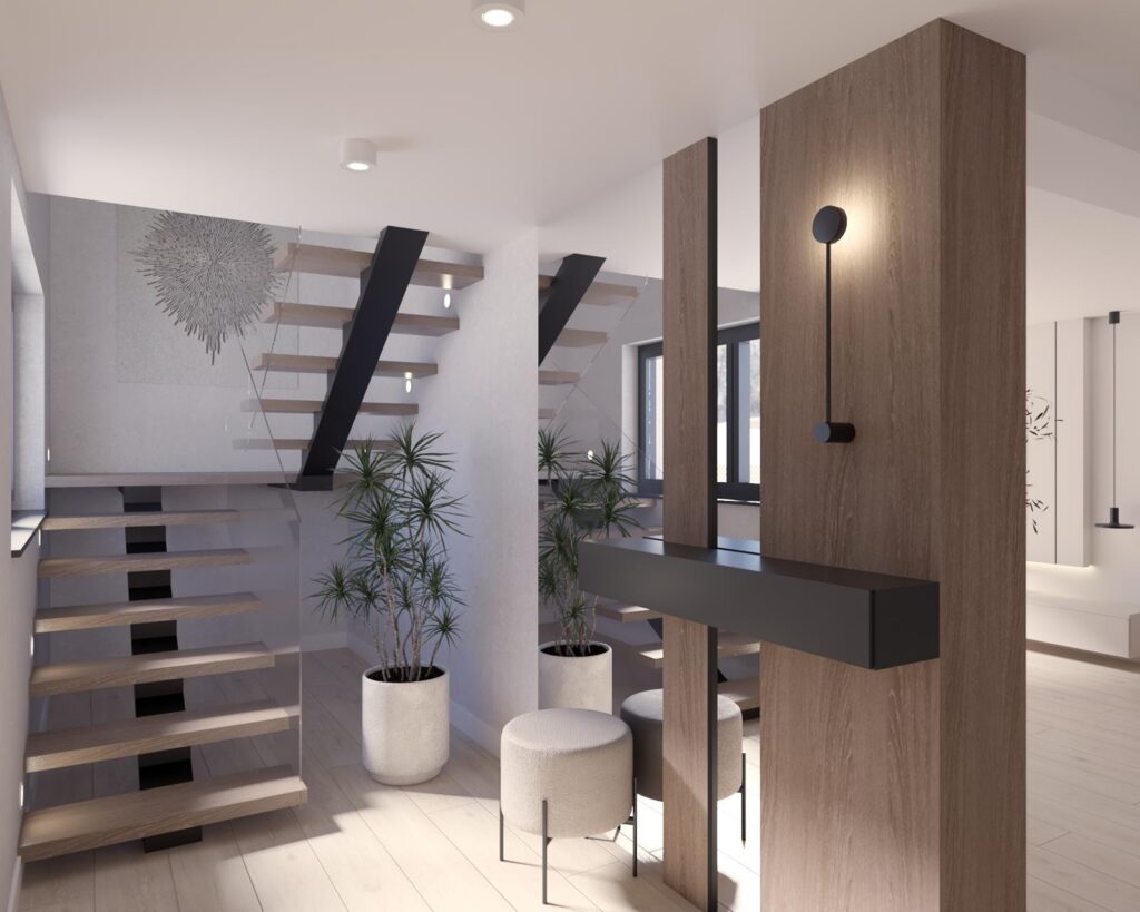 Projekt wnętrza  domu jednorodzinnego - hol Projekt wnętrza  domu jednorodzinnego 53,00m² w Opocznie