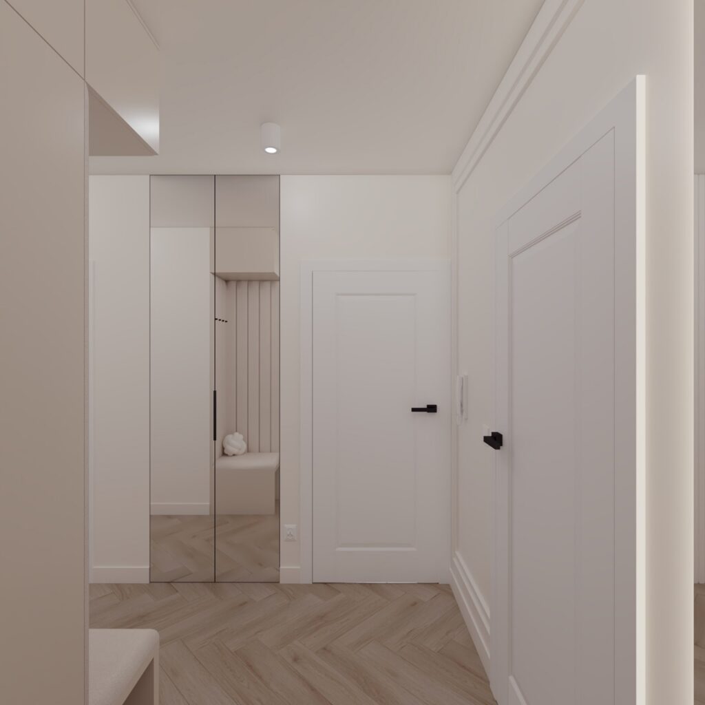 Projekt wnętrza mieszkania - korytarz Projekt wnętrza mieszkania deweloperskiego 64,50m² w Łodzi