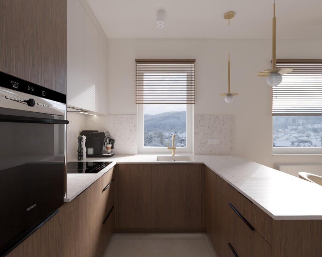 Projekt wnętrza mieszkania - salon z aneksem kuchennym Projekt wnętrza mieszkania deweloperskiego 64,50m² w Łodzi