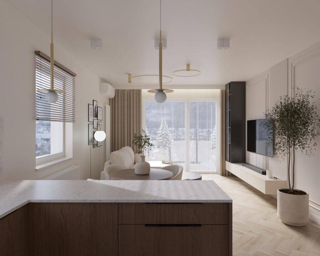 Projekt wnętrza mieszkania - salon z aneksem kuchennym Projekt wnętrza mieszkania deweloperskiego 64,50m² w Łodzi