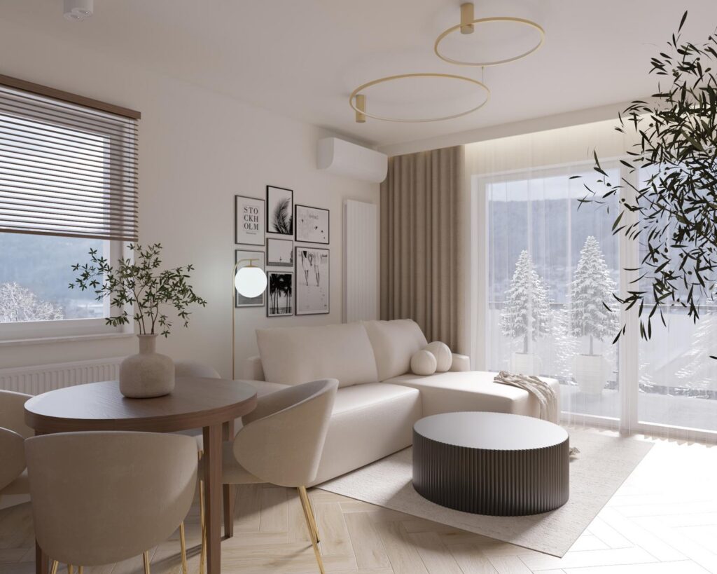 Projekt wnętrza mieszkania - salon z aneksem kuchennym Projekt wnętrza mieszkania deweloperskiego 64,50m² w Łodzi