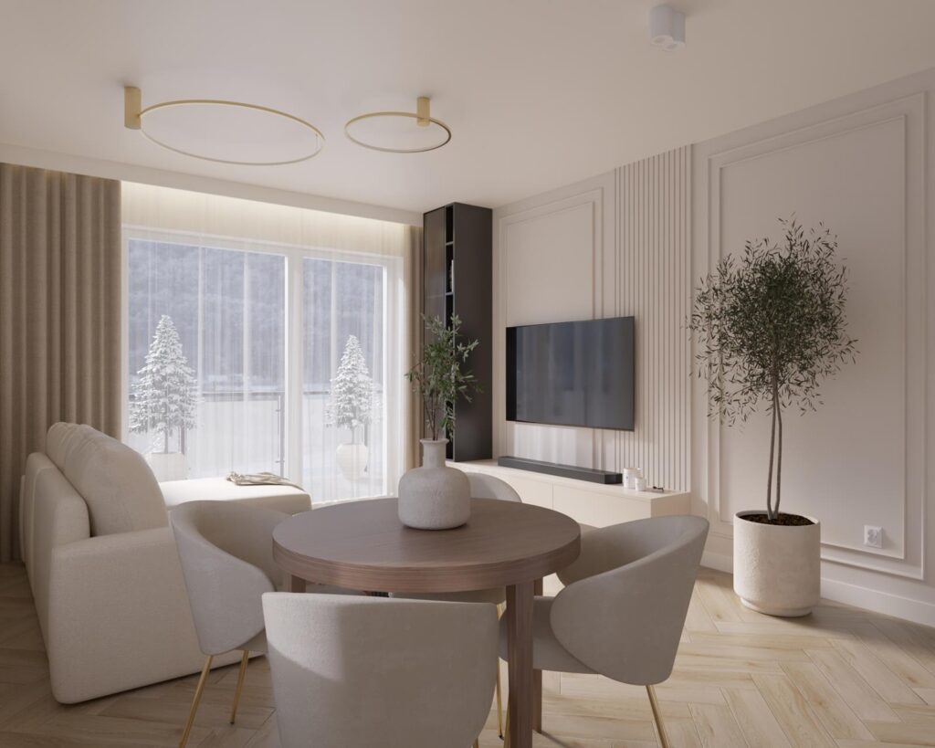 Projekt wnętrza mieszkania - salon z aneksem kuchennym Projekt wnętrza mieszkania deweloperskiego 64,50m² w Łodzi