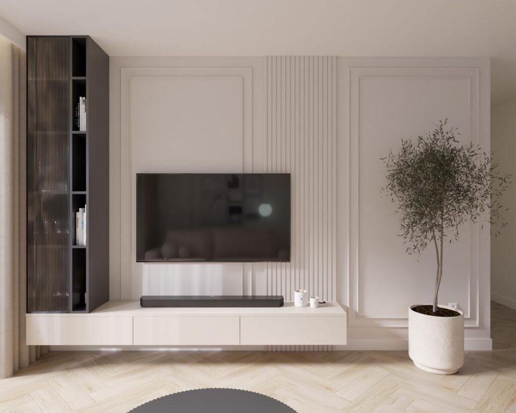 Projekt wnętrza mieszkania - salon z aneksem kuchennym Projekt wnętrza mieszkania deweloperskiego 64,50m² w Łodzi