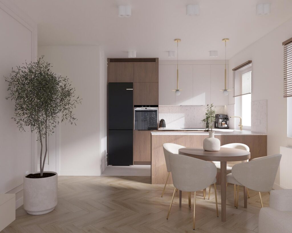 Projekt wnętrza mieszkania - salon z aneksem kuchennym Projekt wnętrza mieszkania deweloperskiego 64,50m² w Łodzi