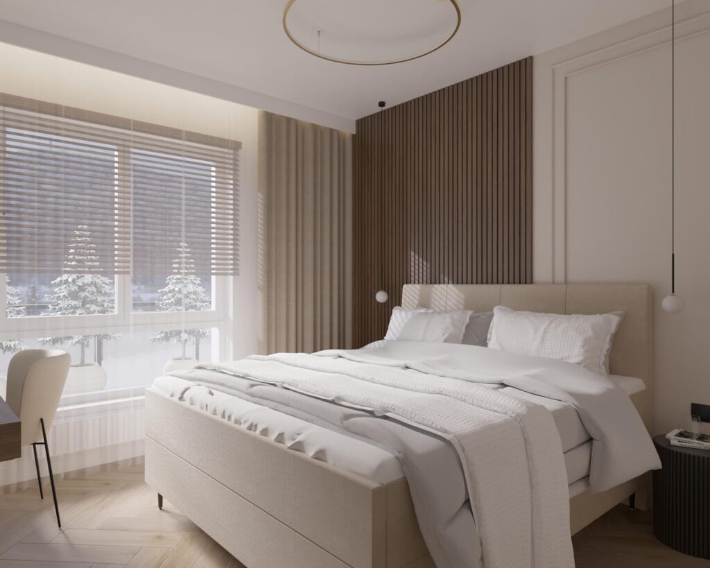 Projekt wnętrza mieszkania - sypialnia Projekt wnętrza mieszkania deweloperskiego 64,50m² w Łodzi