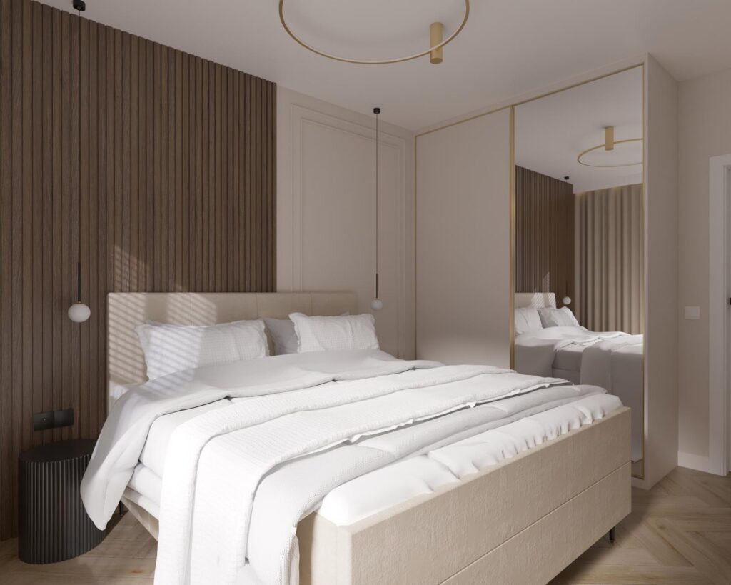 Projekt wnętrza mieszkania - sypialnia Projekt wnętrza mieszkania deweloperskiego 64,50m² w Łodzi