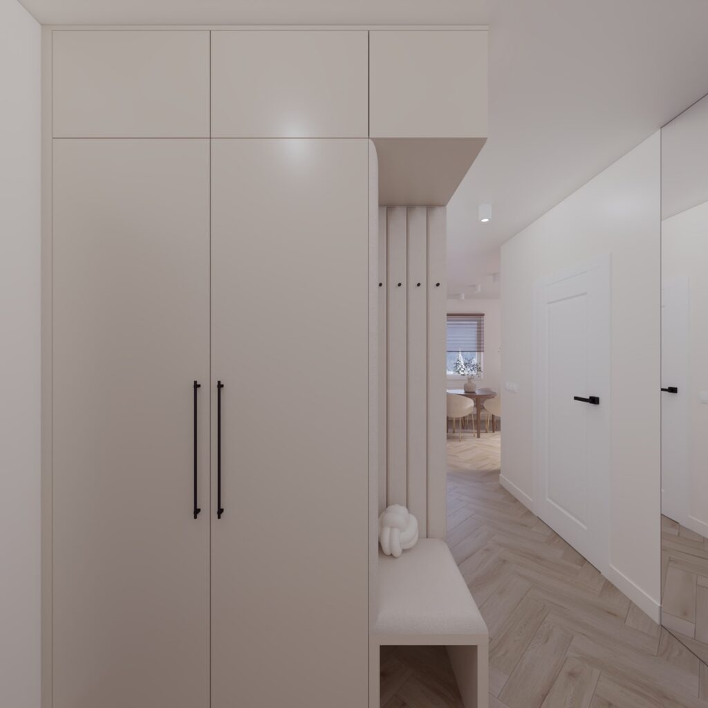 Projekt wnętrza mieszkania - korytarz Projekt wnętrza mieszkania deweloperskiego 64,50m² w Łodzi