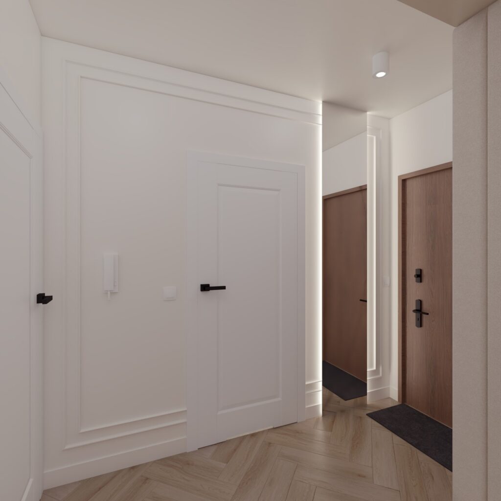 Projekt wnętrza mieszkania - korytarz Projekt wnętrza mieszkania deweloperskiego 64,50m² w Łodzi