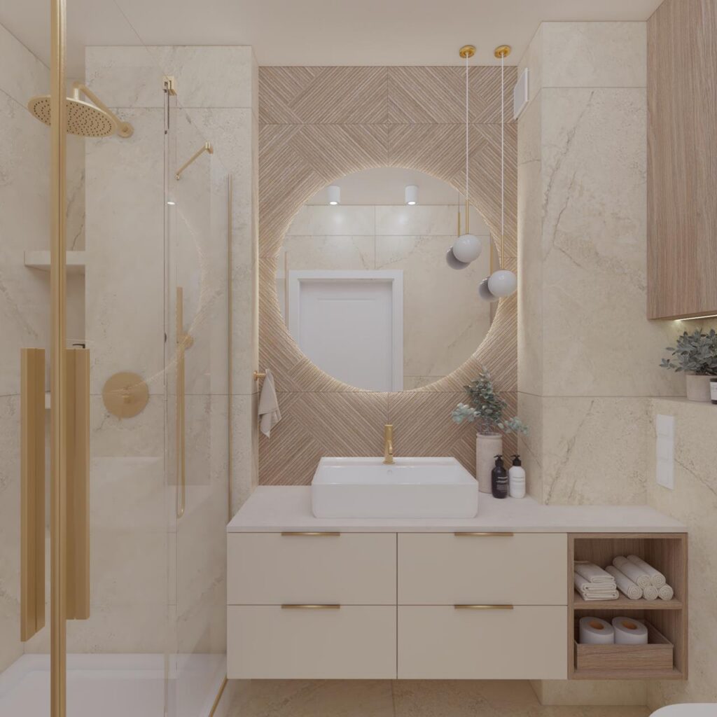 Projekt wnętrza mieszkania - łazienka Projekt wnętrza mieszkania deweloperskiego 64,50m² w Łodzi