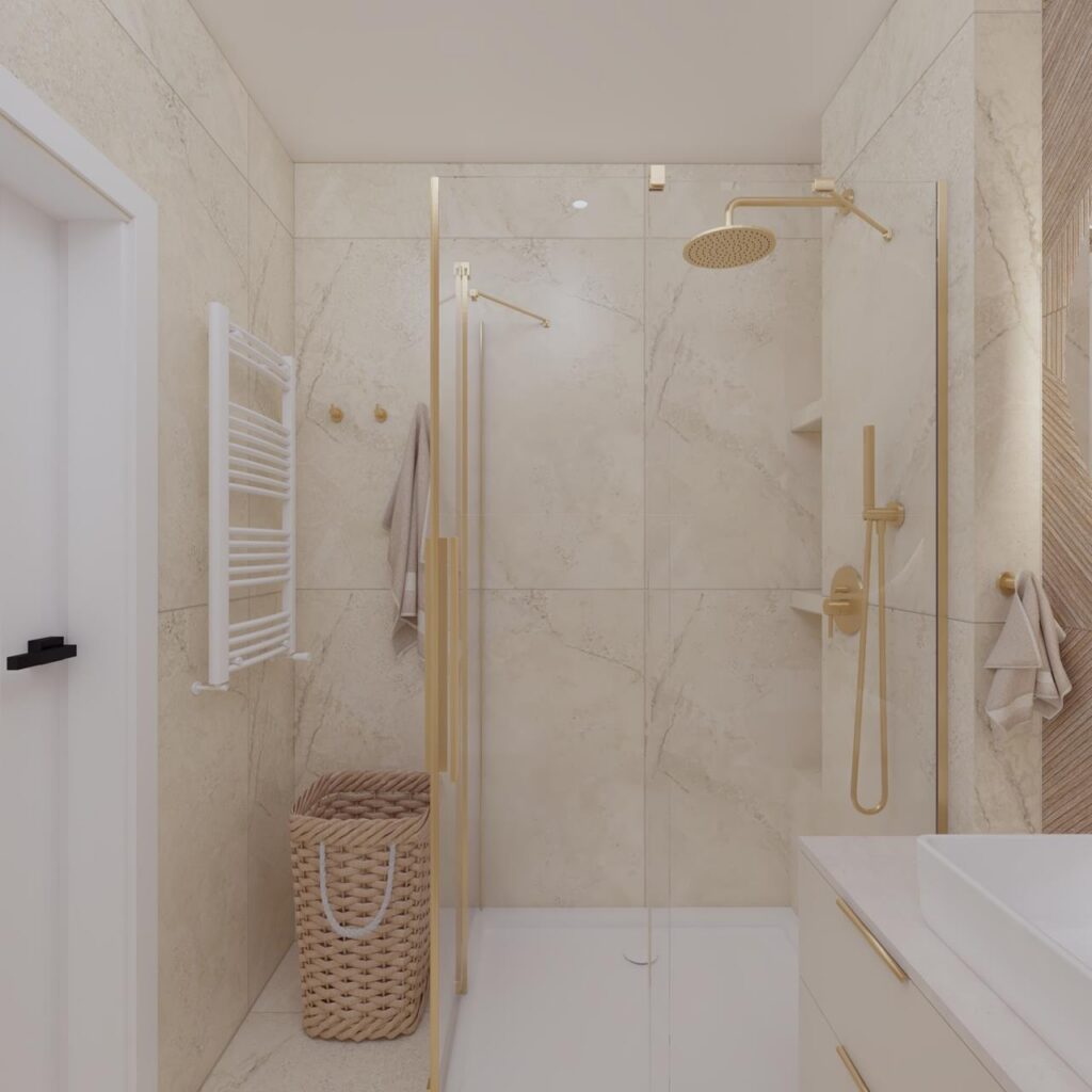 Projekt wnętrza mieszkania - łazienka Projekt wnętrza mieszkania deweloperskiego 64,50m² w Łodzi