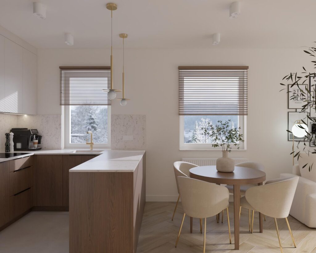 Projekt wnętrza mieszkania - salon z aneksem kuchennym Projekt wnętrza mieszkania deweloperskiego 64,50m² w Łodzi