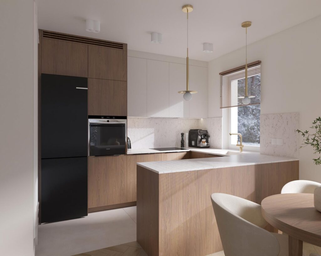 Projekt wnętrza mieszkania - salon z aneksem kuchennym Projekt wnętrza mieszkania deweloperskiego 64,50m² w Łodzi