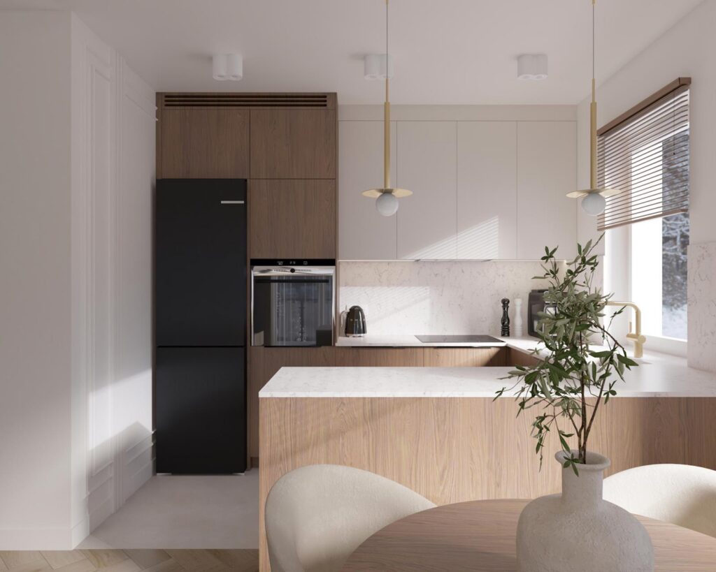 Projekt wnętrza mieszkania - salon z aneksem kuchennym Projekt wnętrza mieszkania deweloperskiego 64,50m² w Łodzi